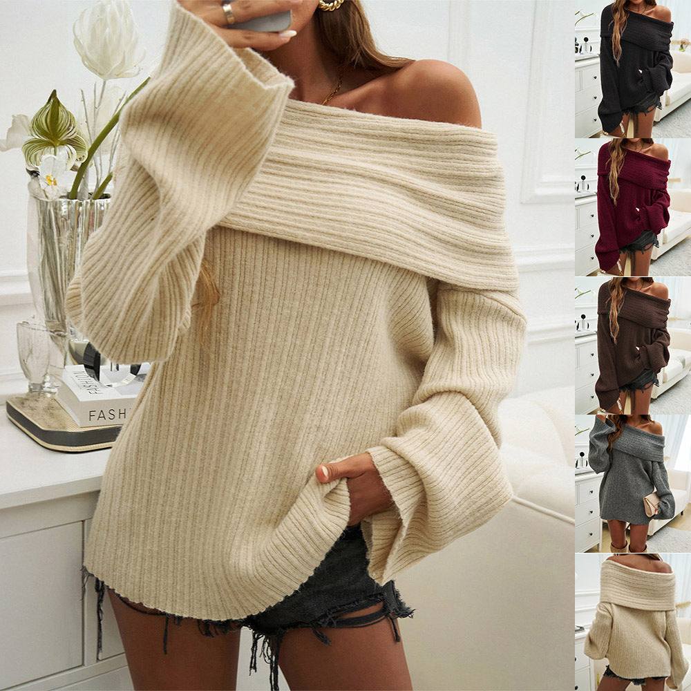 Women's Off-Shoulder Knitted Sweater – Loose Fit Solid Pullover, Long Sleeve Top