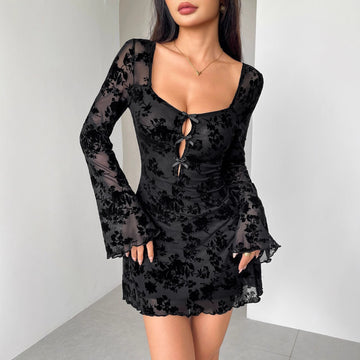 Romantic Women's Long Sleeve Floral Flocking Dress with Hollow Bow – Elegant Evening Wear