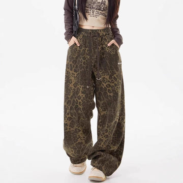 Trendy Leopard Print Loose Wide Leg Pants for Women – Elastic Waist Design